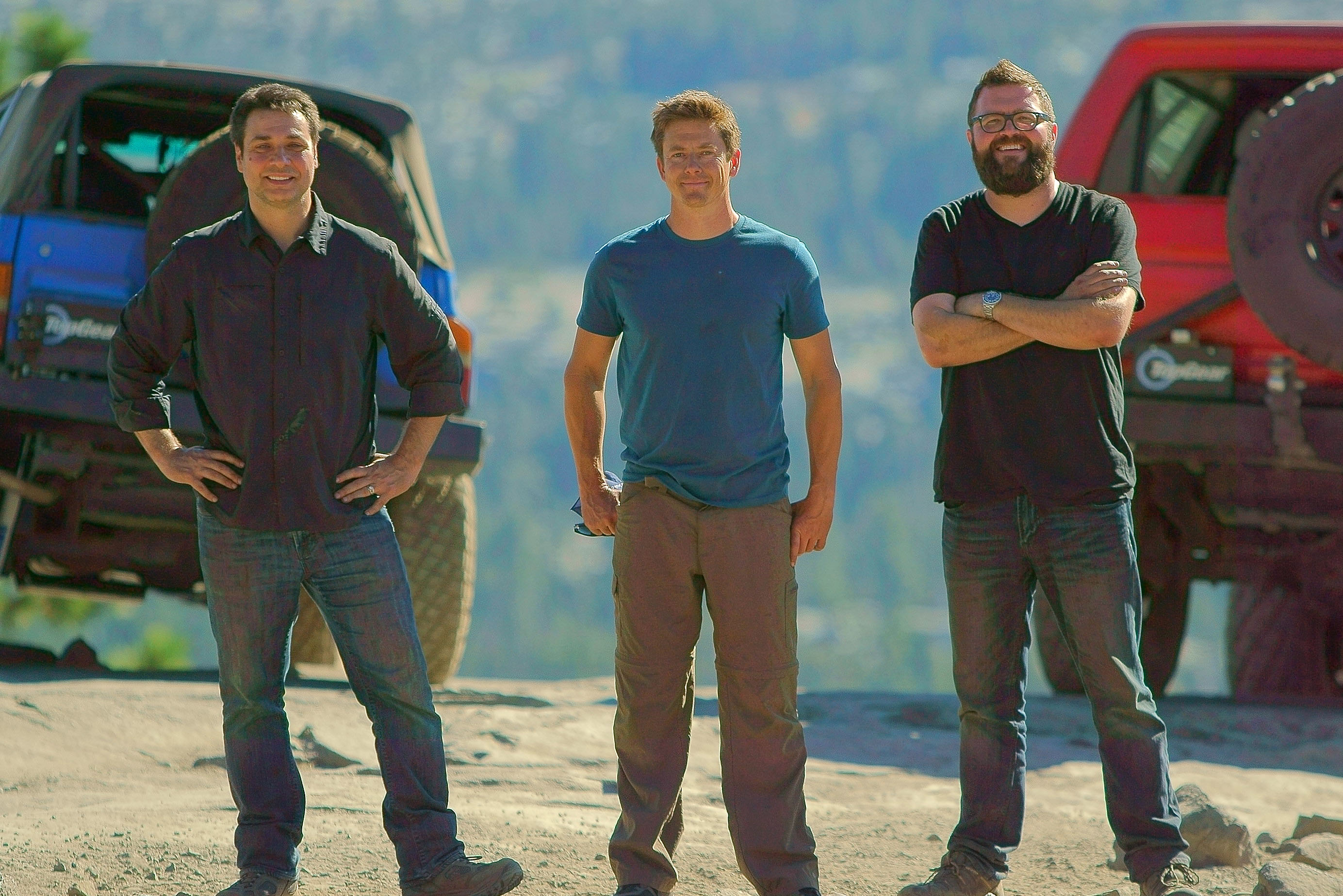 Picture Shows: Adam Ferrara, Tanner Foust, and Rutledge Wood after completing Rubicon Trail journey